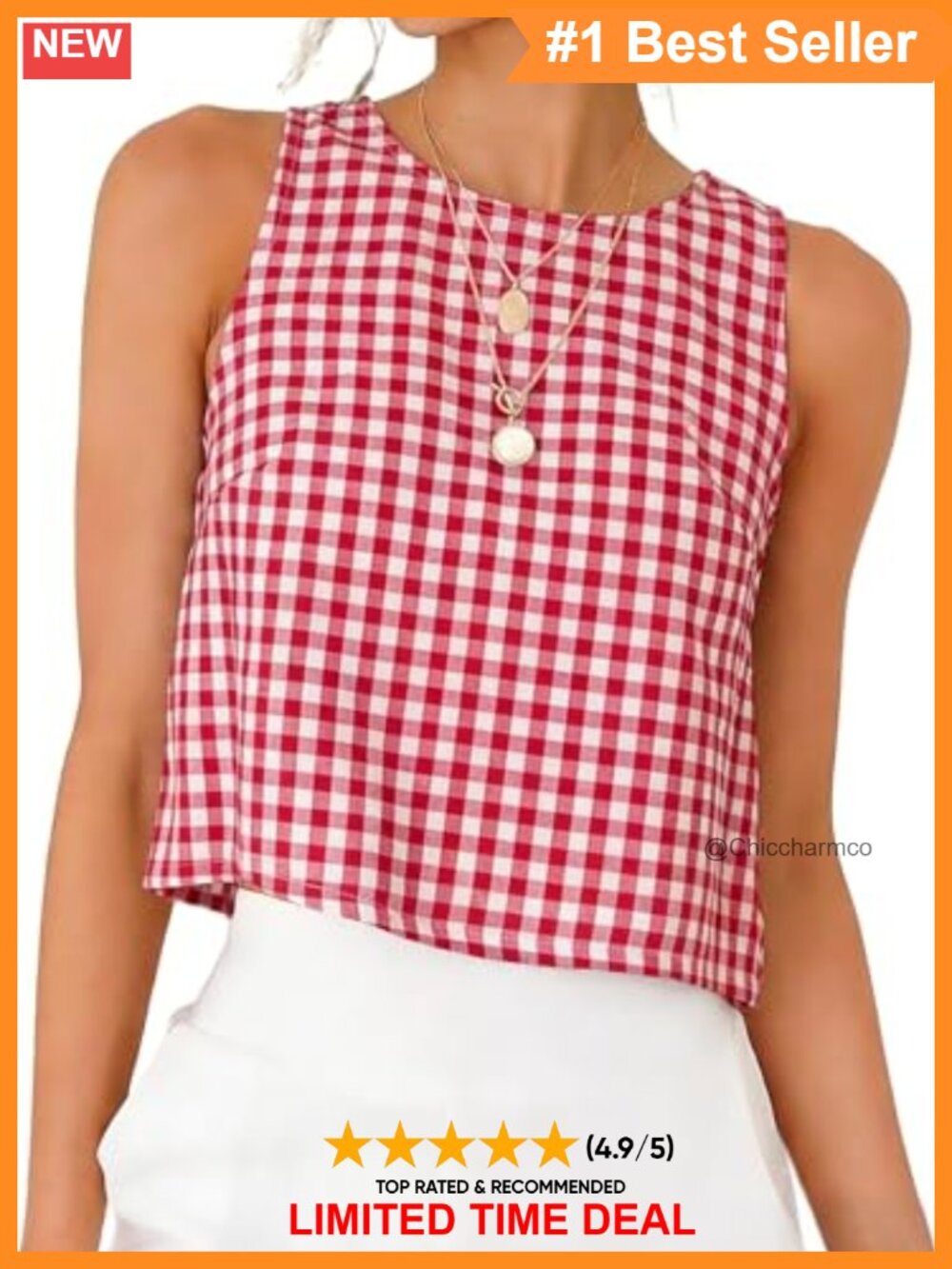 Womens Gingham Plaid High Neck Crop Tank Top Sleeveless Button Back Summer